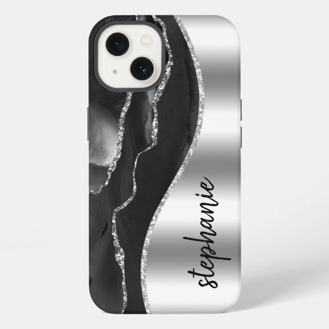 Coque iPhone Glam Agate Géode Métallic Argent Noir Nom (Verso)
