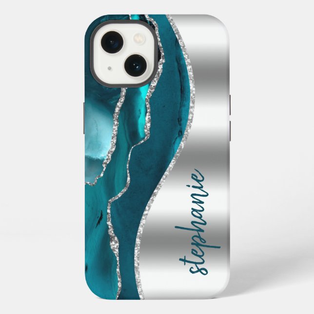 Coque iPhone Glam Agate Géode Métallic Argent Sardonyx Nom (Verso)