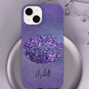 Coque Pour iPhone 14 Glam moderne violet brillant Kiss Lipstick Emprein