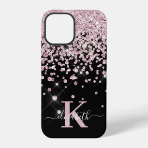Coque iPhone 12 Pro Glam Rose Gold Noir Diamant Confettis Monogrammés