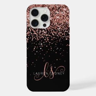 Coque iPhone 15 Pro Max Glam Rose Gold Pailleté Monogramme Élégant