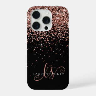Coque iPhone 15 Pro Glam Rose Gold Pailleté Monogramme Élégant