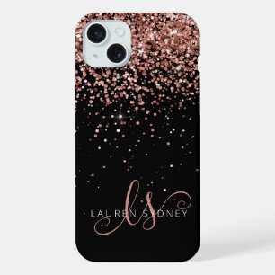 Coque iPhone 15 Plus Glam Rose Gold Pailleté Monogramme Élégant