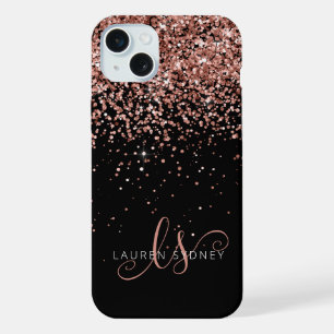 Coque iPhone 15 Plus Glam Rose Gold Pailleté Monogramme Élégant