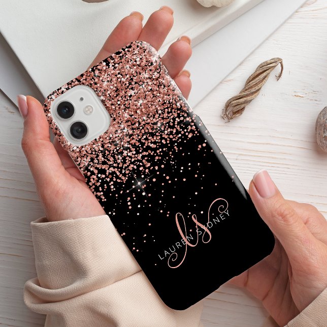 Coque iPhone Glam Rose Gold Parties scintillant Élégant Monogra (Créateur téléchargé)