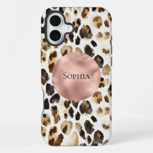 Coque iPhone 16 Plus Glamour Brun Crème Léopard Animal Or Rose