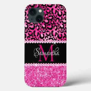 Etui iPhone 13 Glamour Monogramme Tache de Léopard Noir et Rose C