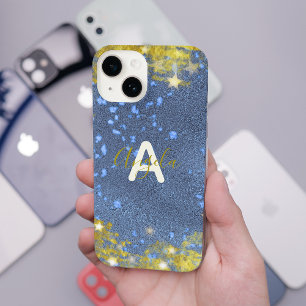 Coque Pour iPhone 14 Glitterie Stellaire Bleu Et Or Glam Moderne