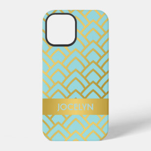 Coque iPhone 12 Gold Blue Art Deco Nom géométrique personnalisé
