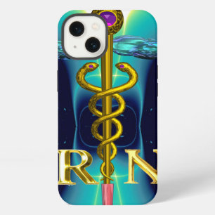 Etui iPhone 13 GOLD CADUCEUS SYMBOLE INFIRMIER INSCRIT Aqua Blue