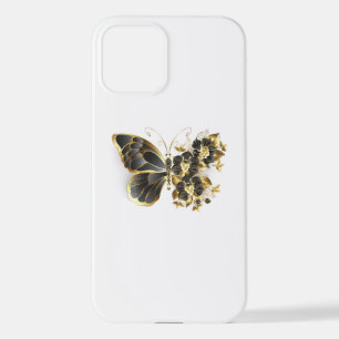 Coque iPhone 12 Gold flower Butterfly with Black Orchid