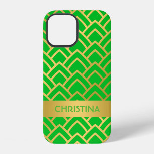 Coque iPhone 12 Gold Green Art Deco Nom géométrique personnalisé
