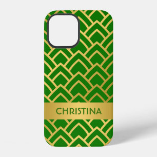 Coque iPhone 12 Gold Green Art Deco Nom géométrique personnalisé