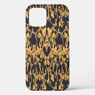 Coque iPhone 12 Golden Baroque, Scroll Feuille Motif.