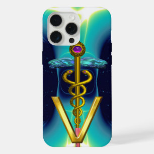 Coque iPhone 15 Pro Max GOLDEN CADUCEUS VETERINARY SYMBOLE / Teal Blue