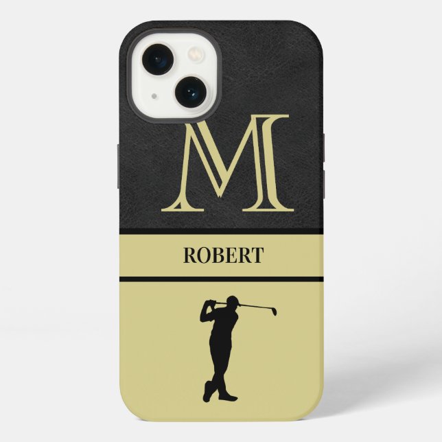 Coque iPhone Golf Guy Texture de cuir noir Monogramme Nom  (Verso)
