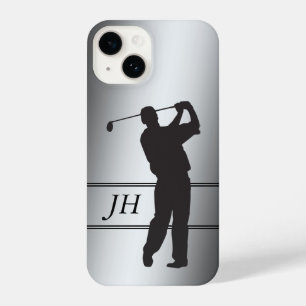 Coque Pour iPhone 14 Golfeur noir en silhouette sur monogramme argenté