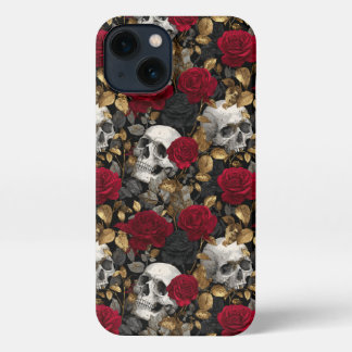 Etui iPhone 13 Gothic Skulls & Red Roses Dark Floral Gold