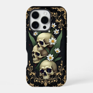 Coque iPhone 16 Pro Gothique victorien avec crânes et fleurs