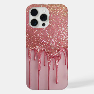 Coque iPhone 15 Pro Max Goutte de paillettes roses avec des étoiles scinti