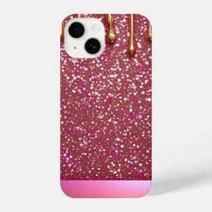 Coque Pour iPhone 14 Goutte de paillettes roses sur fond métallisé or