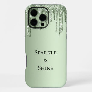 Coque iPhone 16 Pro Max Gouttes de paillettes vert sauge scintillant