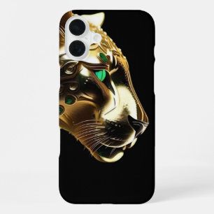 Coque iPhone 16 Plus Grâce Royale : Le Jaguar Doré Orné d'Émeraudes