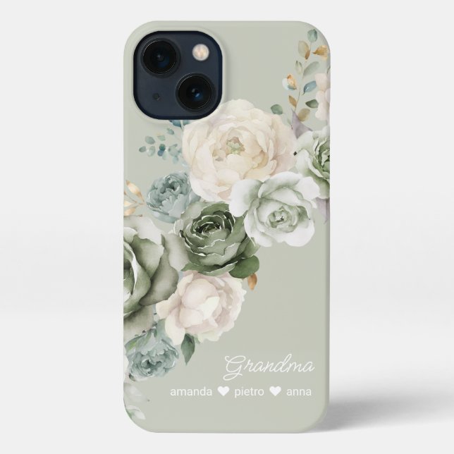 Coque iPhone Grand-mère personnalisée Floral Sage Green (Verso)