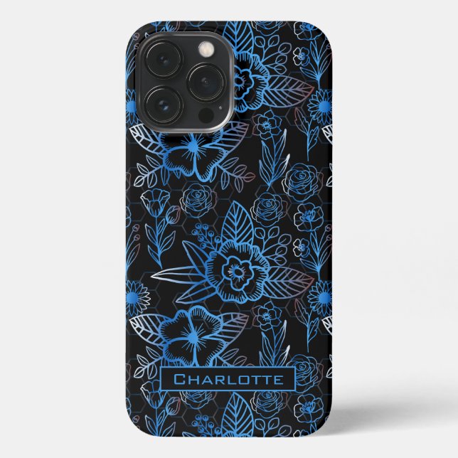 Coque iPhone Grand motif fleuri bleu nom personnalisé (Verso)
