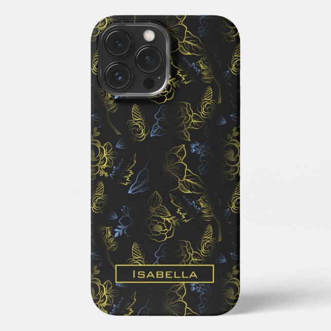 Coque iPhone Grand motif fleuri or nom personnalisé (Verso)