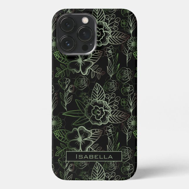 Coque iPhone Grand motif fleuri vert nom personnalisé (Verso)