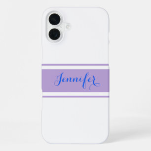 Coque iPhone 16 Plus Grand nom en écriture bleue, rayures lavande sur f