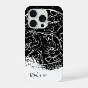 Coque iPhone 15 Pro Graphisme floral en ligne artistique avec nom en n
