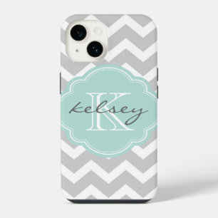 Coque Pour iPhone 14 Gray and Mint Chevron Custom