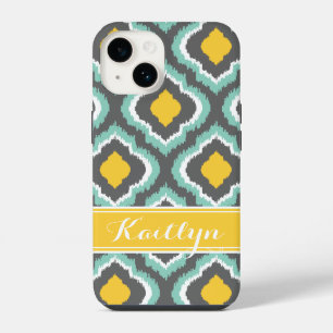 Coque Pour iPhone 14 Gray Aqua et Yellow Ikat Monogramme marocain