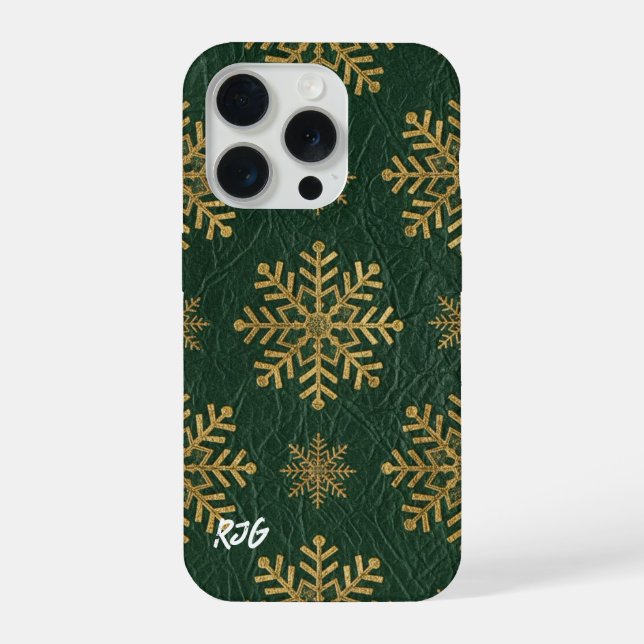 Coque iPhone Green Leather Tooled with Gold Snowflakes Initials (Verso)