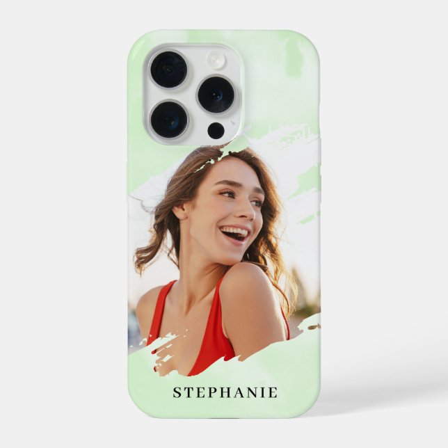 Coque iPhone Green Watercolor Wash Personalized Photo with Name (Verso)