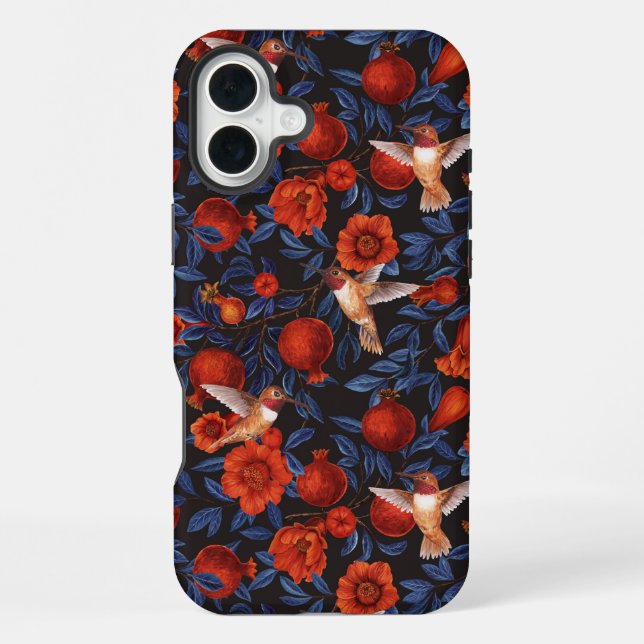 Coque iPhone Grenades et colibris/feuilles bleues sur fond noir (Verso)