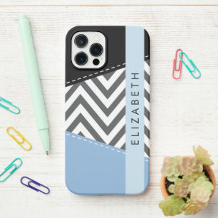 Coque iPhone 12 Pro Grey Zigzag, Grey Chevron, Bleu, Votre Nom