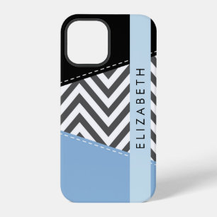 Coque iPhone 12 Pro Grey Zigzag, Grey Chevron, Bleu, Votre Nom