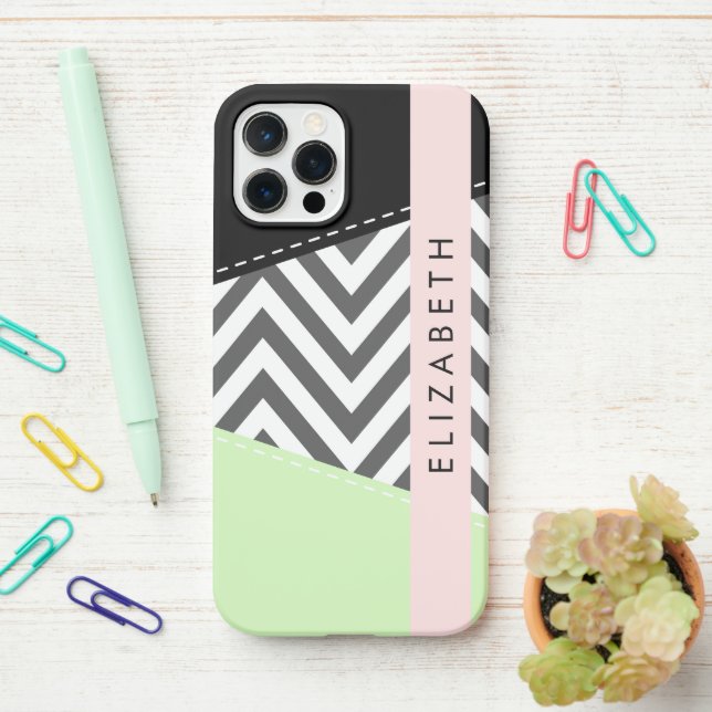 Coque iPhone Grey Zigzag, Grey Chevron, Mint, Votre Nom (Sur le bureau)