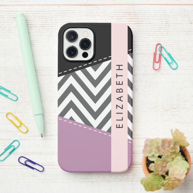 Coque iPhone Grey Zigzag, Grey Chevron, Purple, Votre Nom (Sur le bureau)