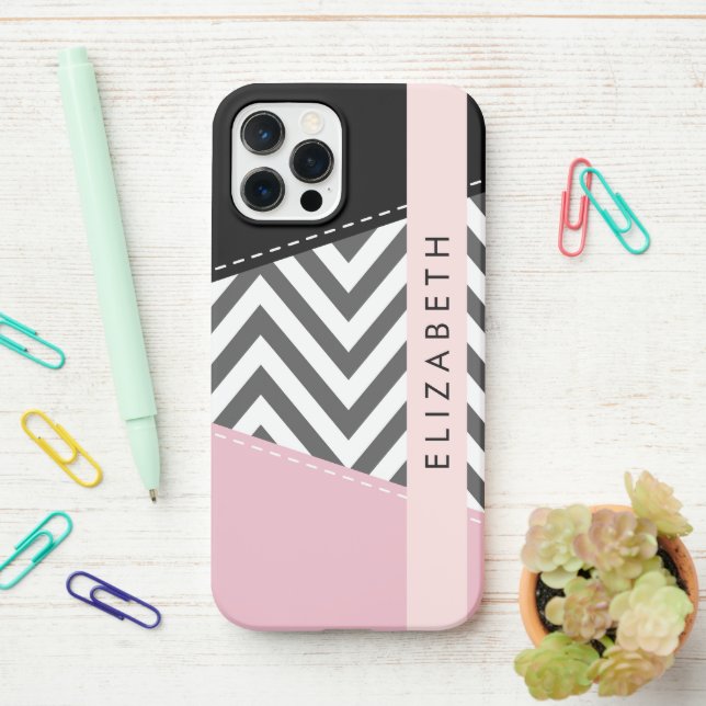 Coque iPhone Grey Zigzag, Grey Chevron, Rose, Votre Nom (Sur le bureau)