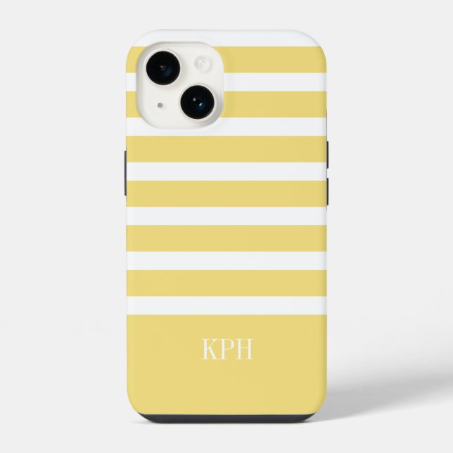 Coque iPhone Grille jaune et blanche moderne avec Monogramme (Verso)