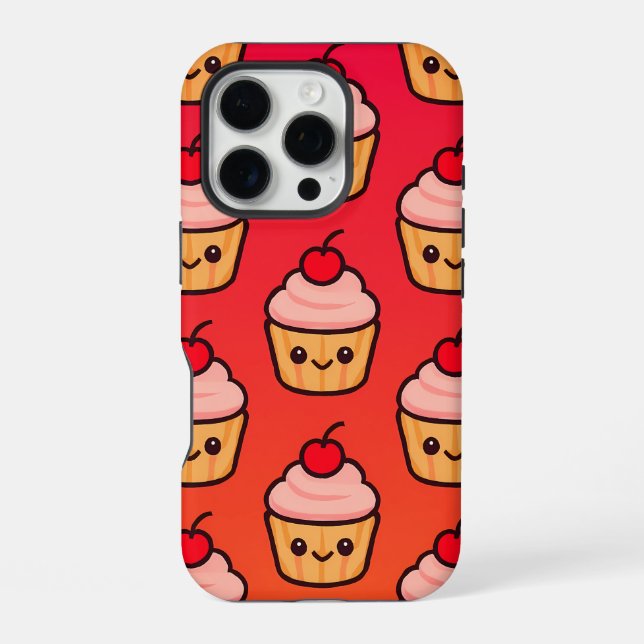 Coque iPhone Grille Kawaii Cupcake avec visages souriants et ce (Verso)