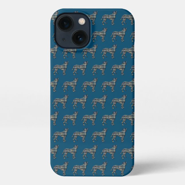 Coque iPhone Grille silhouette de chien de boîte bleu (Verso)