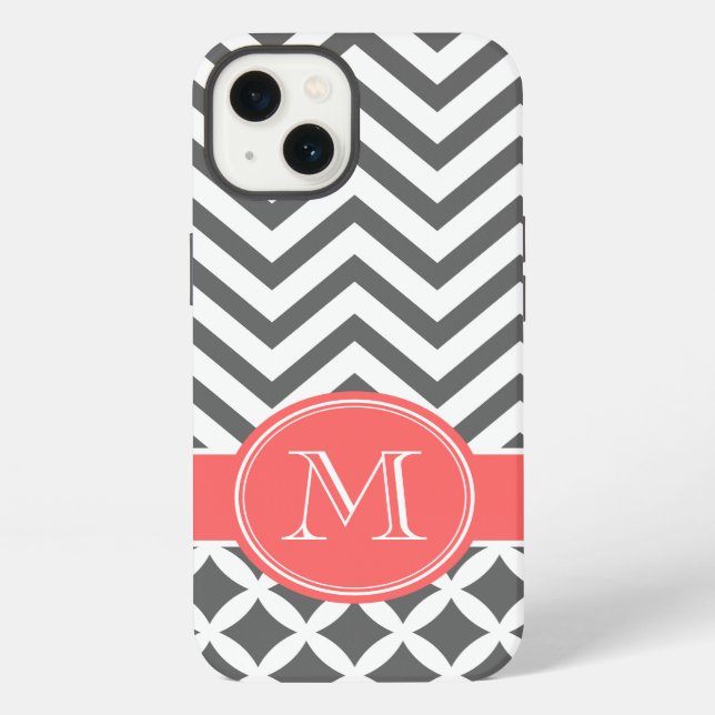 Coque iPhone Gris Charbon et Chevron Corail Monogramme (Verso)
