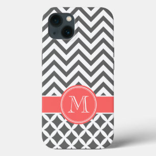 Etui iPhone 13 Gris Charbon et Chevron Corail Monogramme