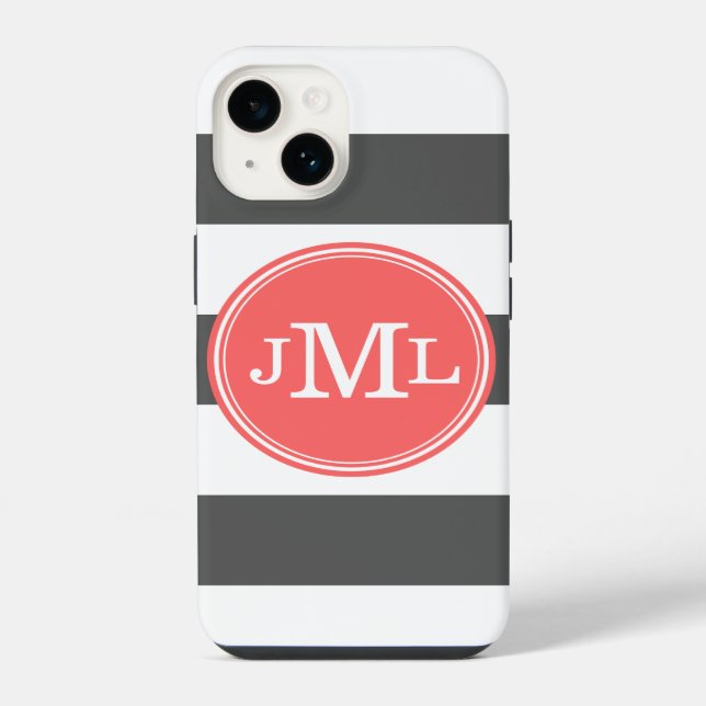 Coque iPhone Gris charbon et monogramme à large rayure corail (Verso)