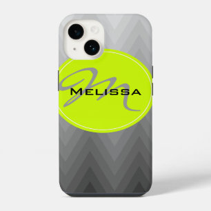 Coque Pour iPhone 14 Gris chevron ombre motif Vert Monogramme Nom